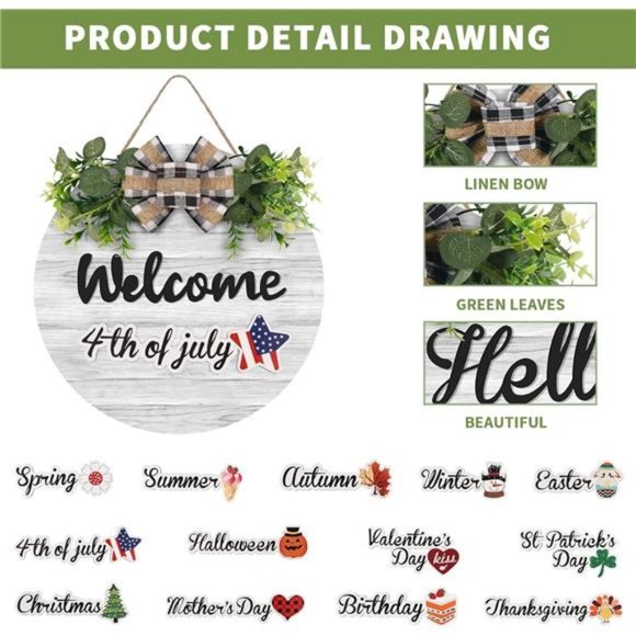 Interchangeable Wooden Seasonal Welcome Sign, Rustic Round Welcome Front Door - Picture 3 of 8